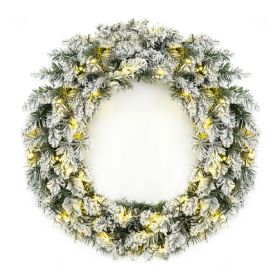 24 Inch Pre Lit Flocked Faux Pine Holiday Wreath with 50 White LED Lights