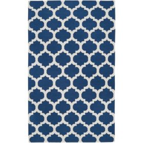 5' x 8' Flat Woven Wool Area Rug Handmade Blue White Trellis Pattern