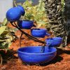 Blue Ceramic Outdoor Cascading Fountain Bird Bath with Solar Pump