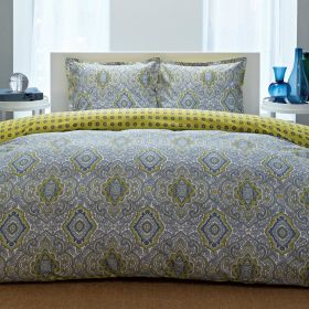 Full/Queen 100-percent Cotton Damask 3 Piece Comforter Set in Yellow / Blue