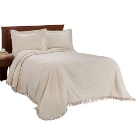 Queen size Natural Off-White Beige Cotton Chenille Bedspread with Fringe Edge