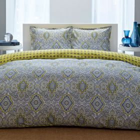 King size 100-Percent Cotton Comforter Set with Blue Yellow Damask Pattern