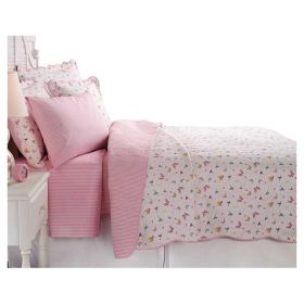 Full / Queen Cotton Blend Reversible Quilt Set Pink White Stripe Butterfly