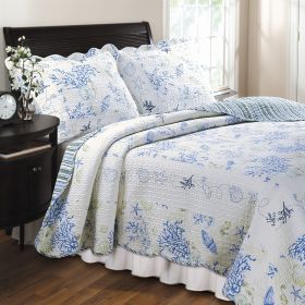 Full/Queen 100% Cotton Quilt Set in Blue Coral Sea Shells Starfish