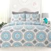 Full / Queen 3-Piece Cotton Quit Set in Aqua Blue White and Grey Floral Pattern