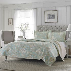 Full / Queen 3-Piece Cotton Quilt Set in Seafoam Blue Beige Floral Pattern