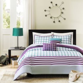 Full/Queen 5-Piece Comforter Set in Purple White Teal Circles & Stripes