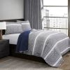 King Gray Navy Stripe Motif 100% Cotton Reversible Quilt Coverlet Bedspread Set
