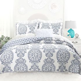 King 3-Piece Reversible Cotton Quilt Set with White Blue Floral Medallion Design