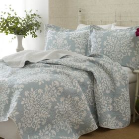 100% Cotton Twin size 2-Piece Quilt Set with Sham in Blue White Floral Pattern