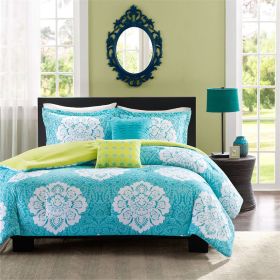 Queen 5-Piece Comforter Set in Teal Blue White Damask Pattern with Green Reverse