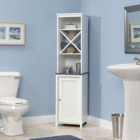 Bathroom Linen Tower with Open Shelving and Storage Cabinet in White