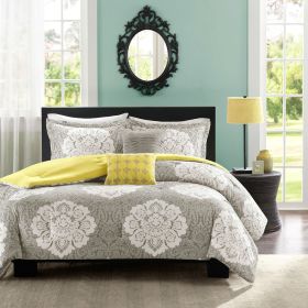 Full / Queen Grey White Damask Comforter Set with Soft Yellow Reverse