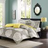 Twin / Twin XL Grey White Damask Comforter Set with Soft Yellow Accents